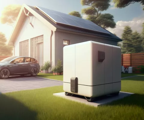 Die Grafik zeigt einen zu groß dimensionierten Stromspeicher, der im Garten vor dem Haus ausgestellt ist.