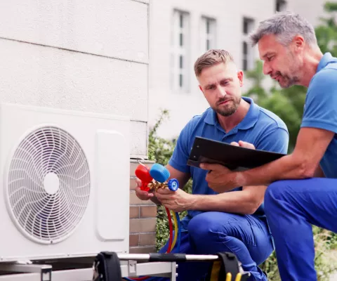Zwei Installateure prüfen die Vorlauftemperatur einer Wärmepumpe.
